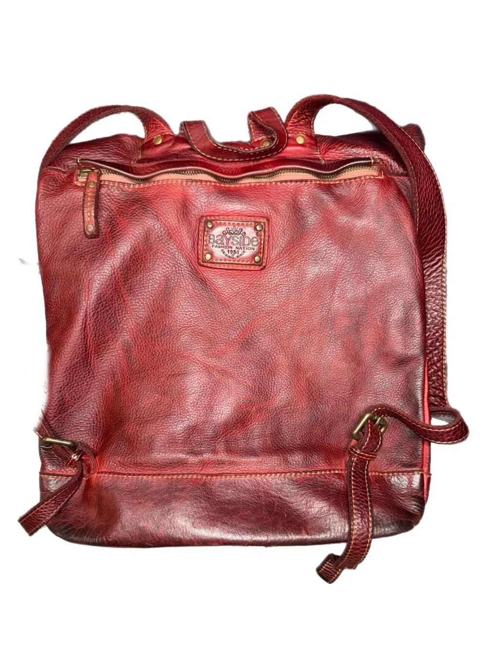 Vintage Bayside Red Leather Backpack – Distressed Grain - Multi‑Pocket Design